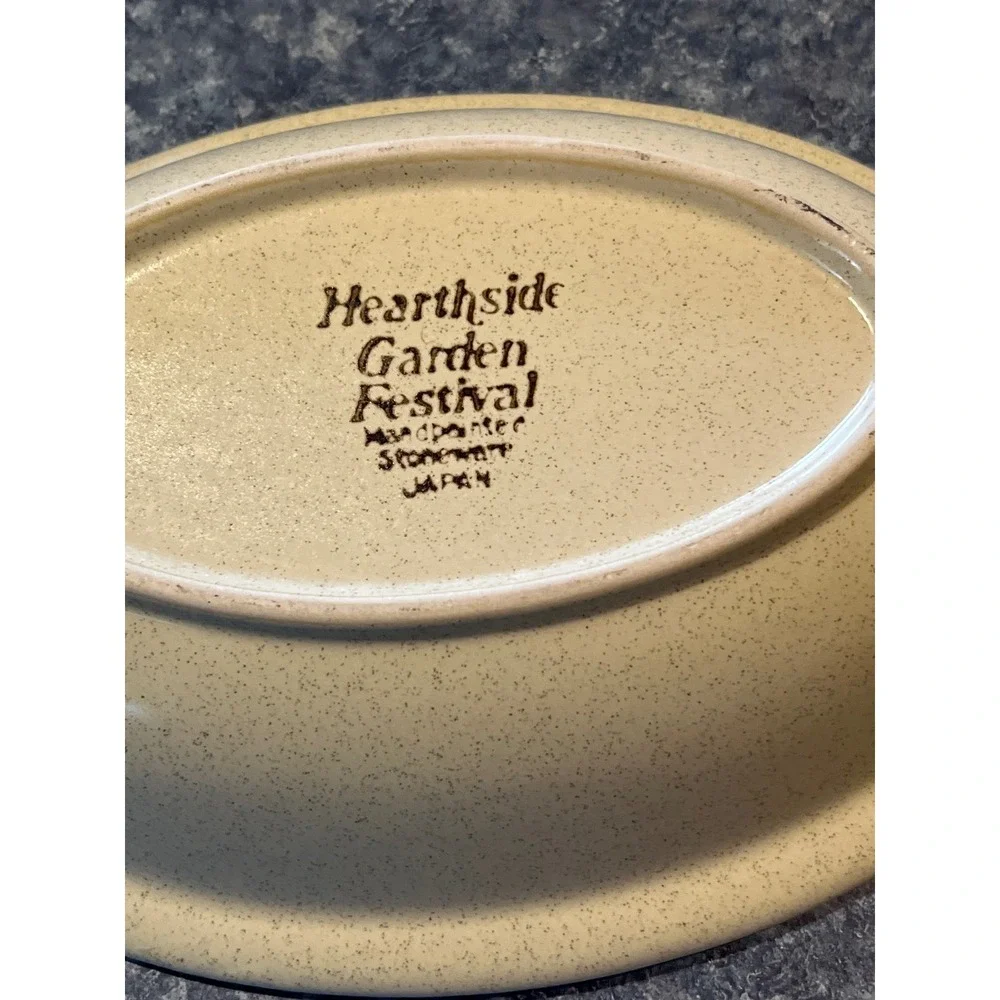Hearthside Garden Festival Stoneware Oval Serving Bowl Yellow Trim Japan Vintage